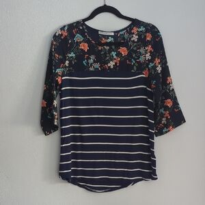 Chris & Carol Navy Floral and Stripe Long Sleeve Top